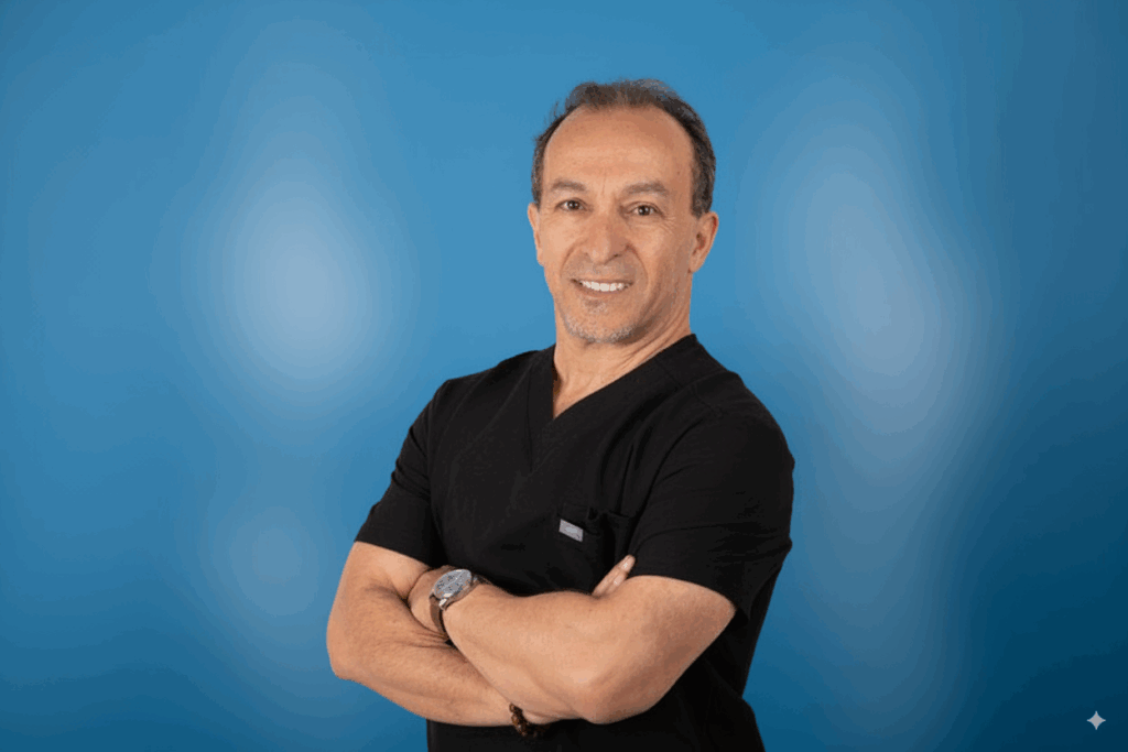Indoor studio headshot of man in black shirt with blue background