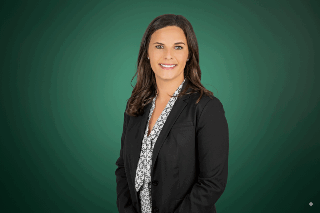 Professional indoor headshot of woman in dark blazer with green backdrop
